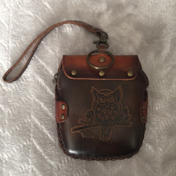 Boho 100% Leather Owl wristlet with key ring - Picture 2 of 7